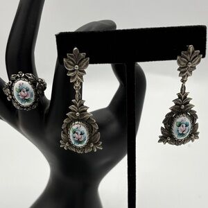 Vintage Rostov Finift Ceramic Earring and Ring Set